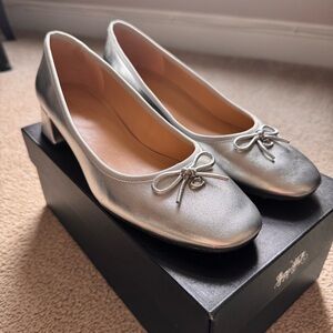 Coach Silver block Heels with Bow Accent